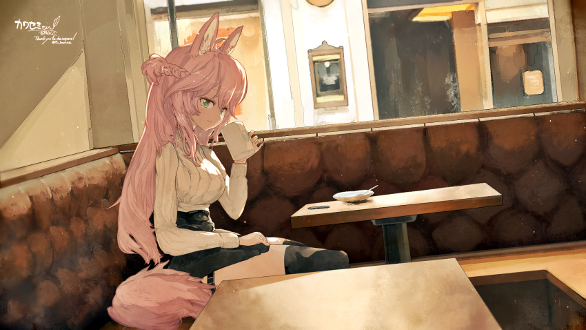 1girl ahoge animal_ear_fluff animal_ears black_skirt black_thighhighs braid cafe closed_mouth commentary commission cup fox_ears fox_tail green_eyes hair_between_eyes highres holding holding_cup indoors long_hair long_sleeves looking_at_viewer mug original over-kneehighs pink_hair saucer signature sitting skeb_commission skirt smile solo split_mouth spoon sweater table tail thigh-highs white_sweater window yoshioka_yoshiko