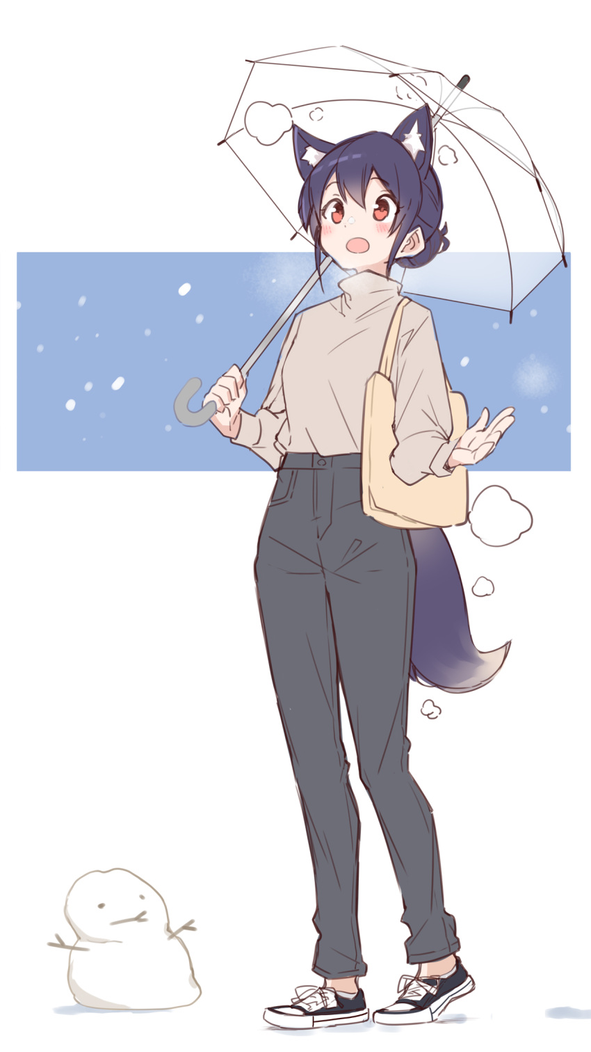 1girl animal_ear_fluff animal_ears azu_ankoowl bag bangs black_pants blue_hair blush breath fox_ears fox_girl fox_tail full_body grey_shirt hair_bun highres holding holding_umbrella long_sleeves open_mouth original pants red_eyes shirt shirt_tucked_in shoes short_hair shoulder_bag sneakers snowman solo tail turtle umbrella walking