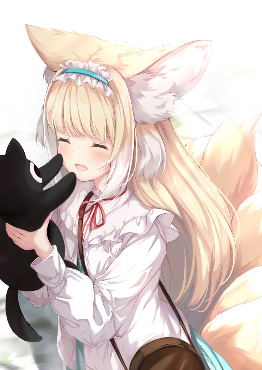 1girl :d ^_^ absurdres animal animal_ear_fluff animal_ears arknights bag bangs black_cat blonde_hair blue_hairband blue_skirt blush cat closed_eyes commentary_request crossover emimeku fox_ears fox_girl fox_tail frilled_hairband frills hairband high-waist_skirt highres holding holding_animal jacket kitsune long_hair long_sleeves luoxiaohei multicolored_hair neck_ribbon open_clothes open_jacket puffy_long_sleeves puffy_sleeves red_ribbon ribbon shirt shoulder_bag skirt smile suzuran_(arknights) suzuran_(spring_praise)_(arknights) tail the_legend_of_luo_xiaohei two-tone_hair very_long_hair white_hair white_jacket white_shirt