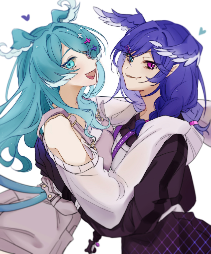 2girls :d absurdres bangs bare_shoulders black_sweater blue_eyes blue_hair braid colored_skin commentary elira_pendora fang fangs feathered_wings from_side hair_ornament hair_over_one_eye hair_tie hairclip hand_on_another's_shoulder head_wings heart heterochromia highres lanyard long_hair looking_at_viewer medium_hair multicolored_skin multiple_girls nijisanji nijisanji_en off-shoulder_sweater off_shoulder one_eye_covered open_mouth overalls parted_bangs pink_eyes pink_overalls purple_hair purple_skin selen_tatsuki siblings simple_background sisters skin_fang sleeves_past_fingers sleeves_past_wrists slit_pupils smile standing suspenders sweater symbol-only_commentary twin_braids two-tone_skin upper_body virtual_youtuber white_background white_sweater wings x_hair_ornament xiaogou_bing_cha
