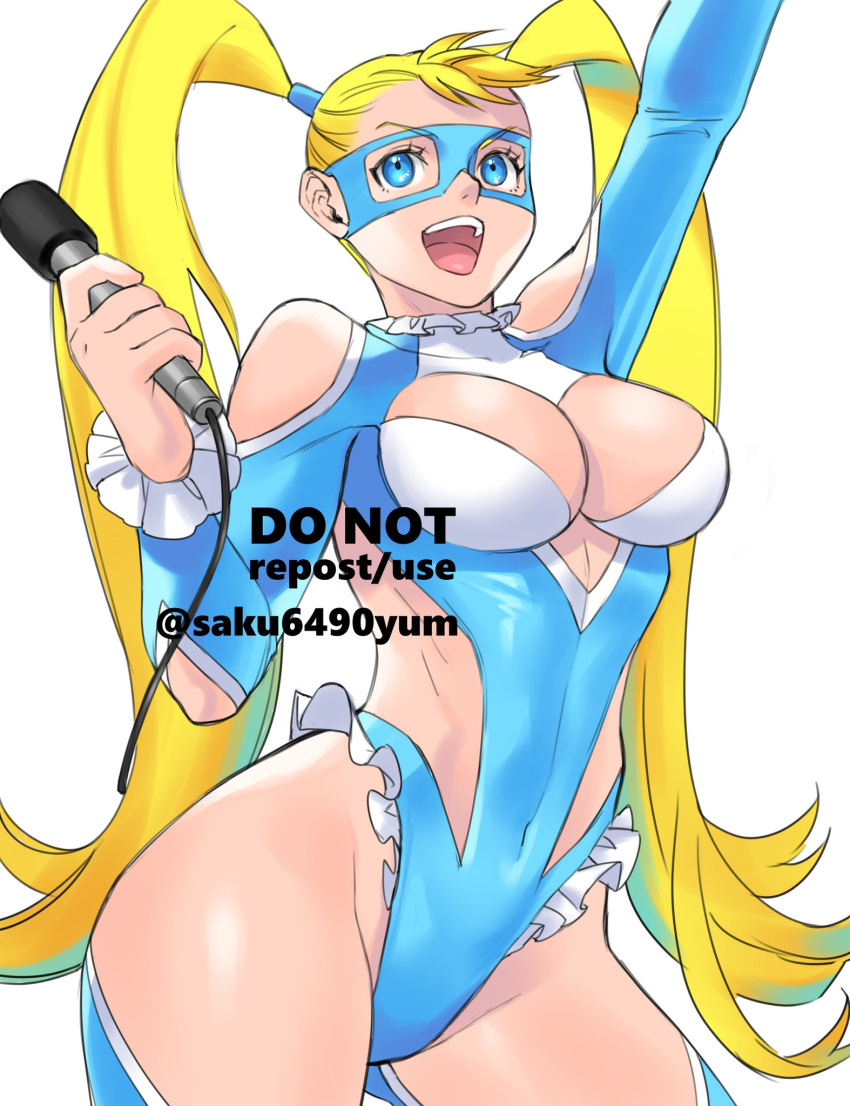 1girl arm_up artist_name blonde_hair blue_eyes breasts capcom frills highres holding holding_microphone large_breasts legs long_hair microphone navel open_mouth rainbow_mika revealing_clothes smile solo street_fighter street_fighter_zero_(series) thighs tombsakura twintails twitter_username very_long_hair white_background