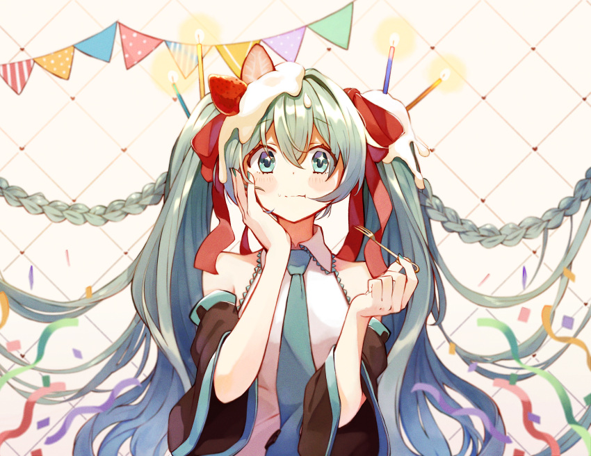 1girl anniversary bare_shoulders black_sleeves blue_eyes blue_hair blue_necktie blush braid candle checkered_background closed_mouth confetti detached_sleeves food food_on_head fork fruit hair_between_eyes hair_ornament hair_ribbon hand_on_own_face hatsune_miku heart highres holding holding_fork long_hair looking_at_viewer necktie object_on_head pinkusan red_ribbon ribbon shirt sidelocks smile solo strawberry streamers string_of_flags twintails upper_body very_long_hair vocaloid wide_sleeves