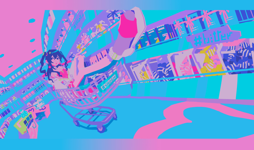1girl :o absurdres bag black_hair black_socks blue_theme candy_wrapper choker colorful dutch_angle earrings flat_color foreshortening heart highres idolmaster idolmaster_cinderella_girls in_shopping_cart indoors jacket jewelry limited_palette long_hair long_sleeves looking_away looking_to_the_side mole mole_under_eye neon_palette no_lineart pink_nails pink_shirt pink_theme ponsuke_kaikai revision sandals shelf shirt shop shopping_bag shopping_cart sitting sleeveless sleeveless_shirt socks solo sunazuka_akira supermarket two_side_up unzipped white_jacket
