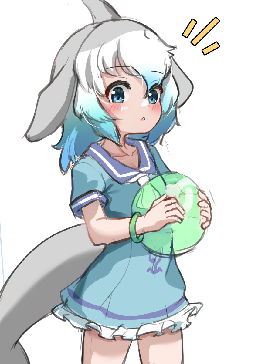 absurdres ball blowhole blue_dress blue_eyes blue_hair blush cetacean_tail collarbone common_bottlenose_dolphin_(kemono_friends) cowboy_shot darus5 dolphin_girl dorsal_fin dress frilled_dress frills grey_hair highres japari_symbol kemono_friends looking_at_viewer multicolored_hair necktie sailor_collar sailor_dress short_hair short_sleeves translation_request white_hair white_necktie