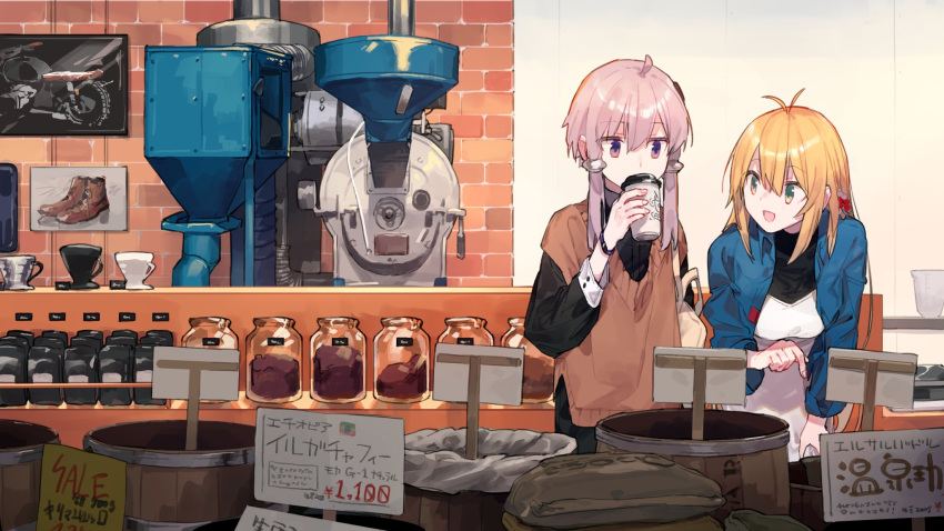 2girls ahoge antenna_hair bag barrel black_shirt blonde_hair blue_jacket brown_sweater coffee_beans coffee_cup coffee_grinder commentary crank cup disposable_cup drinking green_eyes hair_tubes hand_on_own_thigh highres hitogome holding holding_cup indoors jacket jar leaning_forward long_hair looking_at_another machine multiple_girls open_mouth pointing purple_hair shirt shoes shop shoulder_bag sidelocks sign smile standing sweater tsurumaki_maki violet_eyes vocaloid voiceroid white_shirt