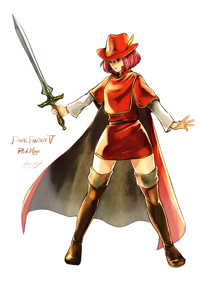 absurdres boots cape final_fantasy final_fantasy_v green_eyes hat highres holding holding_sword holding_weapon komugiko_no_mori lenna_charlotte_tycoon pink_hair red_cape red_footwear red_headwear red_mage short_hair sword thigh_boots weapon