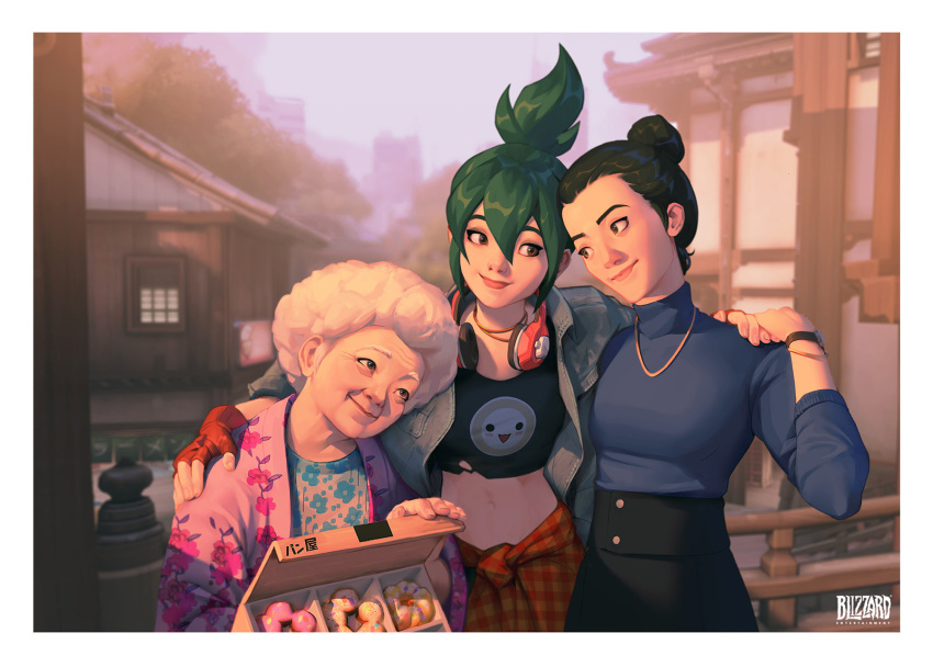 3girls architecture black_dress black_hair black_shirt blue_sweater border brown_eyes building character_print checkered_clothes checkered_shirt clothes_around_waist commentary company_name cropped_shirt doughnut_hair_bun dress east_asian_architecture english_commentary family grandmother_and_granddaughter green_hair hair_bun hand_on_another's_face headphones headphones_around_neck highres holding_hands jewelry kiriko's_grandmother_(overwatch) kiriko_(overwatch) lips long_sleeves looking_at_another medium_hair mother_and_daughter multiple_girls navel necklace official_art old old_woman orange_shirt outdoors overwatch overwatch_2 pachimari pastry_box pink_lips railing red_shirt shirt shirt_around_waist single_hair_bun smile standing sweater topknot turtleneck turtleneck_sweater upper_body watch watch white_border white_hair will_murai yamagami_asa
