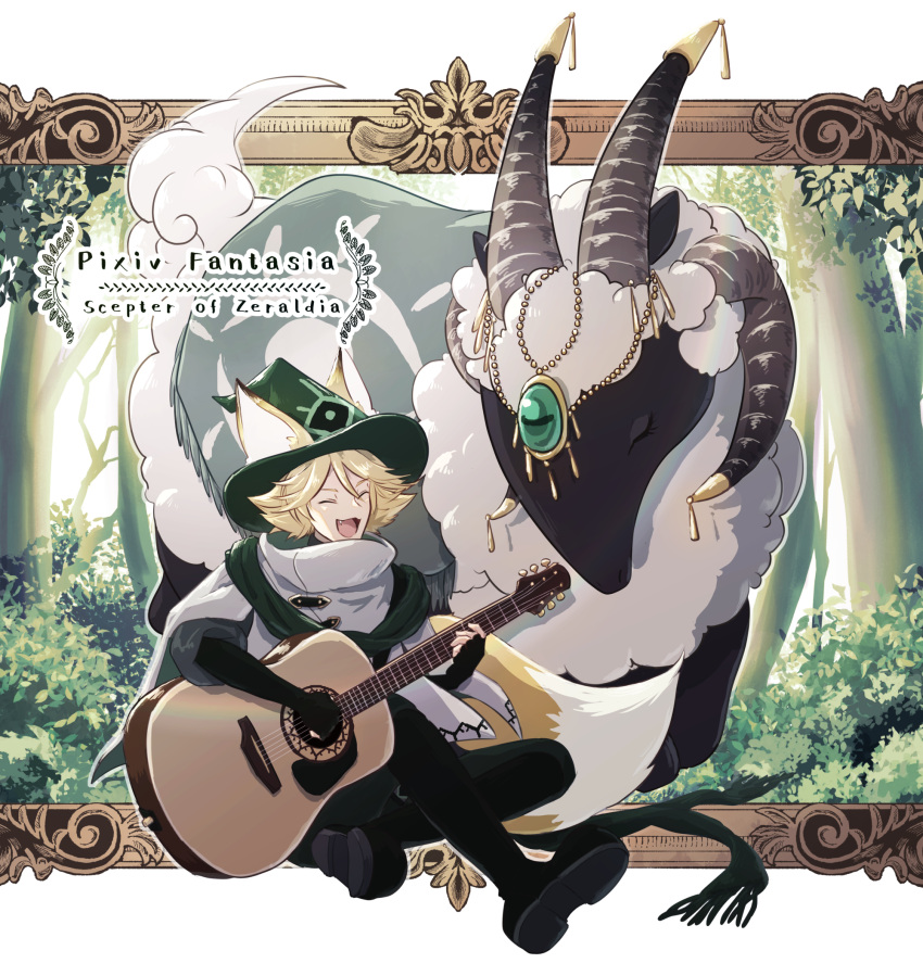 1boy :d animal_ears biditerian black_footwear black_gloves blonde_hair capelet closed_eyes copyright_name elbow_gloves fang forest gloves goat_horns green_headwear green_scarf grey_capelet guitar highres horns instrument music nature notari_shihoin outdoors pixiv_fantasia_scepter_of_zeraldia scarf short_hair singing sitting smile