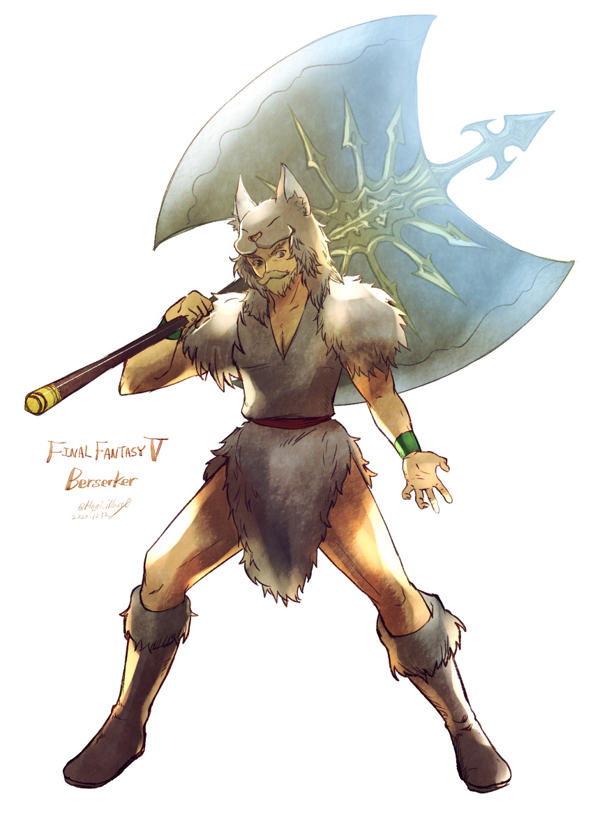 1boy absurdres axe beard boots facial_hair final_fantasy final_fantasy_v galuf_halm_baldesion green_hair grey_hair highres holding holding_axe huge_weapon komugiko_no_mori mustache pelt square_enix weapon wolf_pelt wrist_cuffs