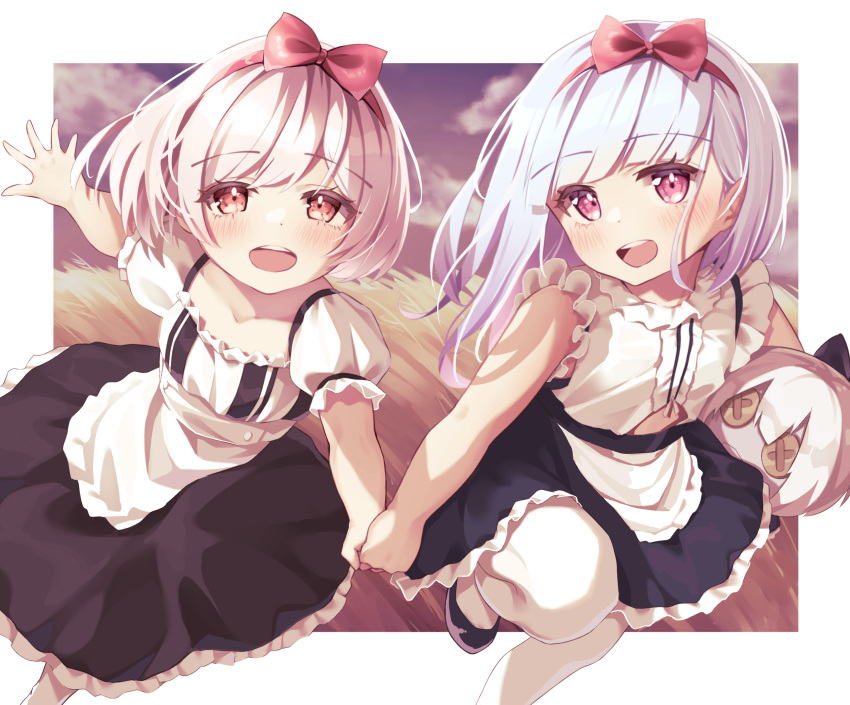 2girls :d absurdres aged_down apron azur_lane bangs bare_shoulders black_footwear black_skirt blush bow center_frills classic_(zildjian33) clothing_cutout clouds cloudy_sky collarbone commentary dido_(azur_lane) doll dress dusk frills hair_between_eyes hair_bow hairband highres holding holding_doll holding_hands long_hair looking_at_viewer multiple_girls open_mouth pantyhose pink_bow red_eyes running shirt short_hair short_sleeves sidelocks sirius_(azur_lane) skirt sky sleeveless sleeveless_shirt smile underboob_cutout violet_eyes waist_apron white_apron white_dress white_hair white_pantyhose white_shirt