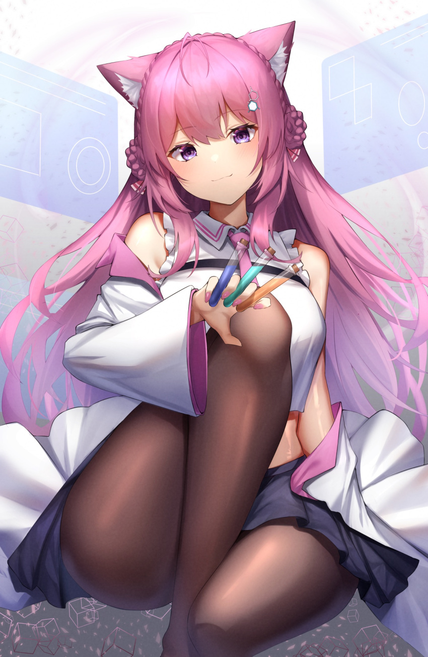 1girl animal_ears antenna_hair bangs black_skirt breasts brown_pantyhose coat coat_partially_removed cube hakui_koyori highres hololive knee_up labcoat large_breasts legs looking_at_viewer menmen_(menmen13s) nail_polish pantyhose pink_hair skirt solo violet_eyes virtual_youtuber white_coat wolf_ears wolf_girl
