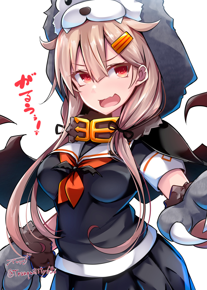 1girl absurdres animal_hands animal_hood artist_name baileys_(tranquillity650) black_serafuku black_skirt blonde_hair blush gloves hair_flaps hair_ornament hairclip highres hood kantai_collection long_hair neckerchief open_mouth paw_gloves pleated_skirt red_eyes red_neckerchief school_uniform serafuku short_sleeves signature skirt smile solo twitter_username upper_body wolf_hood wolf_paws yuudachi_(kancolle) yuudachi_kai_ni_(kancolle)