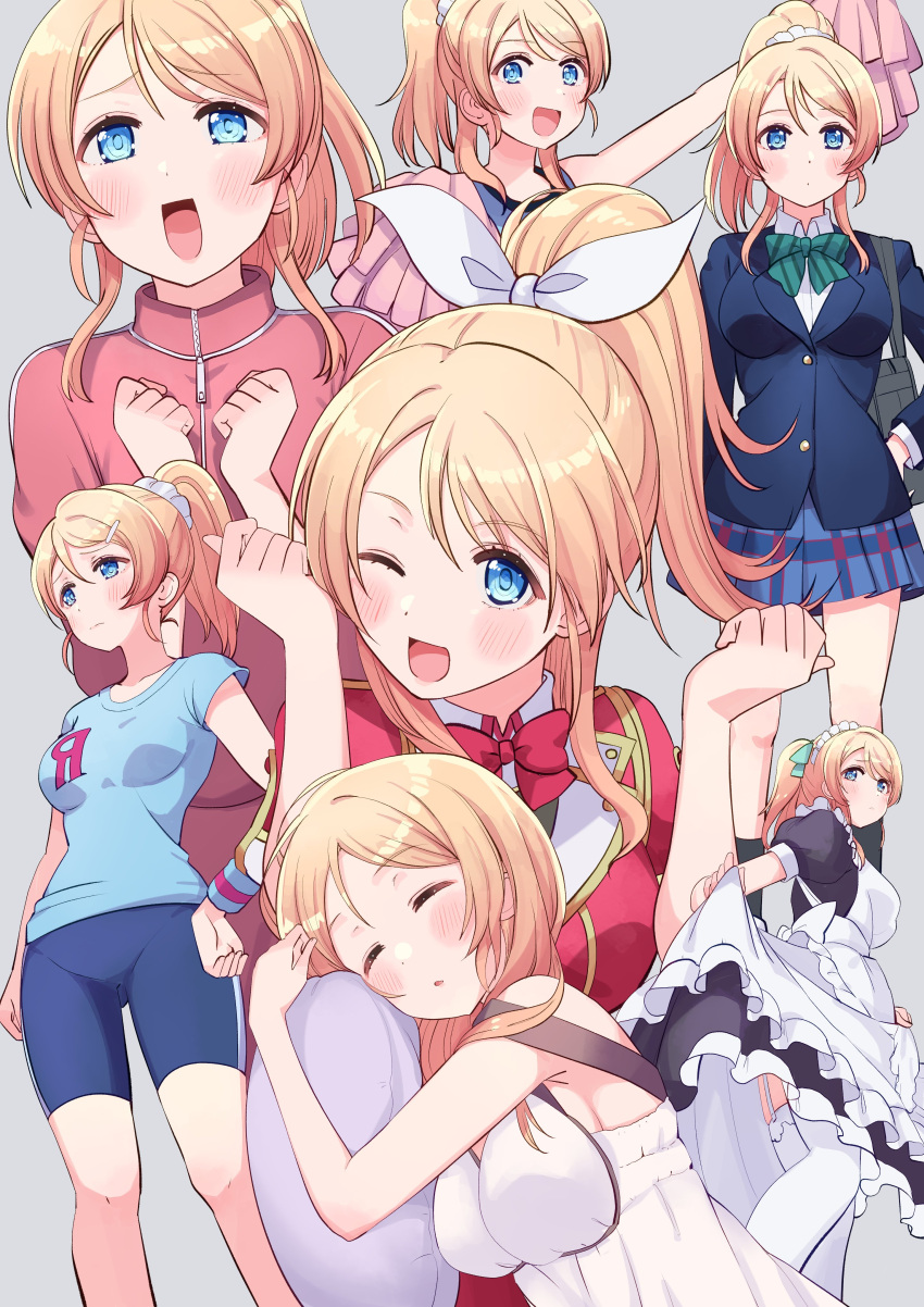 1girl absurdres ayase_eli bangs birthday blonde_hair blue_eyes blush bokura_no_live_kimi_to_no_life breasts cheerleader closed_eyes commentary_request cream_(nipakupa) grey_background hair_down high_ponytail highres jacket large_breasts long_hair looking_at_viewer love_live! love_live!_school_idol_project maid multiple_views object_hug one_eye_closed otonokizaka_school_uniform pillow pillow_hug pom_pom_(cheerleading) ponytail school_uniform scrunchie shiny shiny_hair shorts sleeping track_jacket upper_body white_scrunchie
