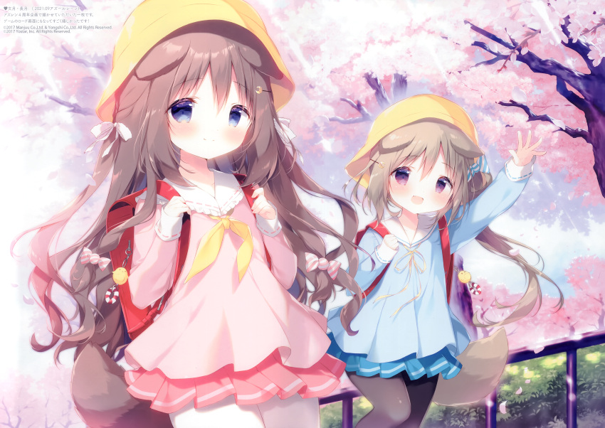 2girls :d absurdres animal_ears arm_up azur_lane backpack bag bag_charm bangs black_pantyhose blue_eyes blue_shirt blue_skirt blush bow brown_hair charm_(object) closed_mouth crescent crescent_hair_ornament day dog_ears dog_girl dog_tail feet_out_of_frame frilled_sailor_collar frills fumizuki_(azur_lane) hair_between_eyes hair_bow hair_ornament hairclip hat highres kindergarten_uniform long_hair looking_at_viewer multiple_girls nagatsuki_(azur_lane) neck_ribbon neckerchief official_art open_mouth outdoors pantyhose pink_shirt pink_skirt pleated_skirt railing randoseru ribbon sailor_collar school_hat shiratama_(shiratamaco) shirt skirt smile tail tree very_long_hair violet_eyes white_bow white_pantyhose white_sailor_collar yellow_headwear yellow_neckerchief yellow_ribbon