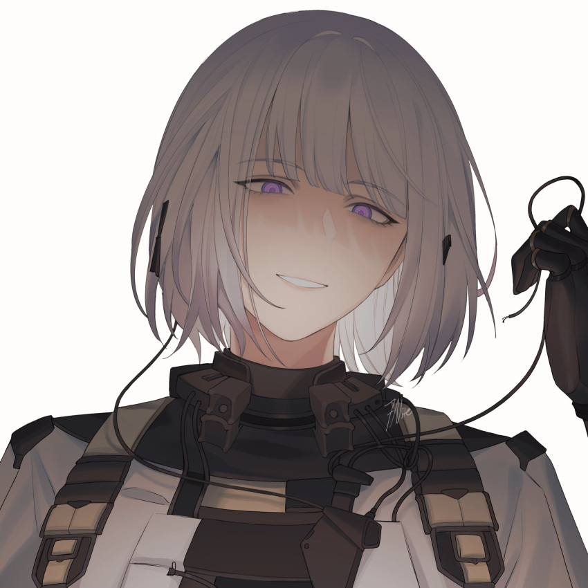 1girl 7nite artist_name bangs black_gloves girls_frontline gloves grin hair_ornament hairpin highres looking_at_viewer open_mouth parted_lips rpk-16_(girls'_frontline) short_hair smile solo tactical_clothes upper_body violet_eyes white_background white_hair wire