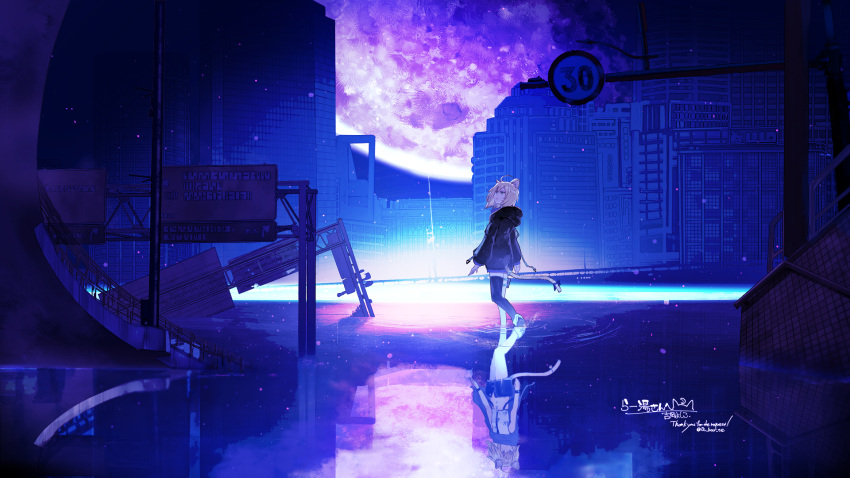 1girl ahoge animal_ear_fluff animal_ears black_bow black_hoodie black_thighhighs blonde_hair blue_eyes bow building cat_ears cat_tail city commentary commission full_moon highres hood hood_down hoodie long_sleeves moon night original parted_lips reflection road_sign ruins shoes short_hair sign signature skeb_commission skyscraper solo tail tail_bow tail_ornament thigh-highs wading water wide_shot yoshioka_yoshiko