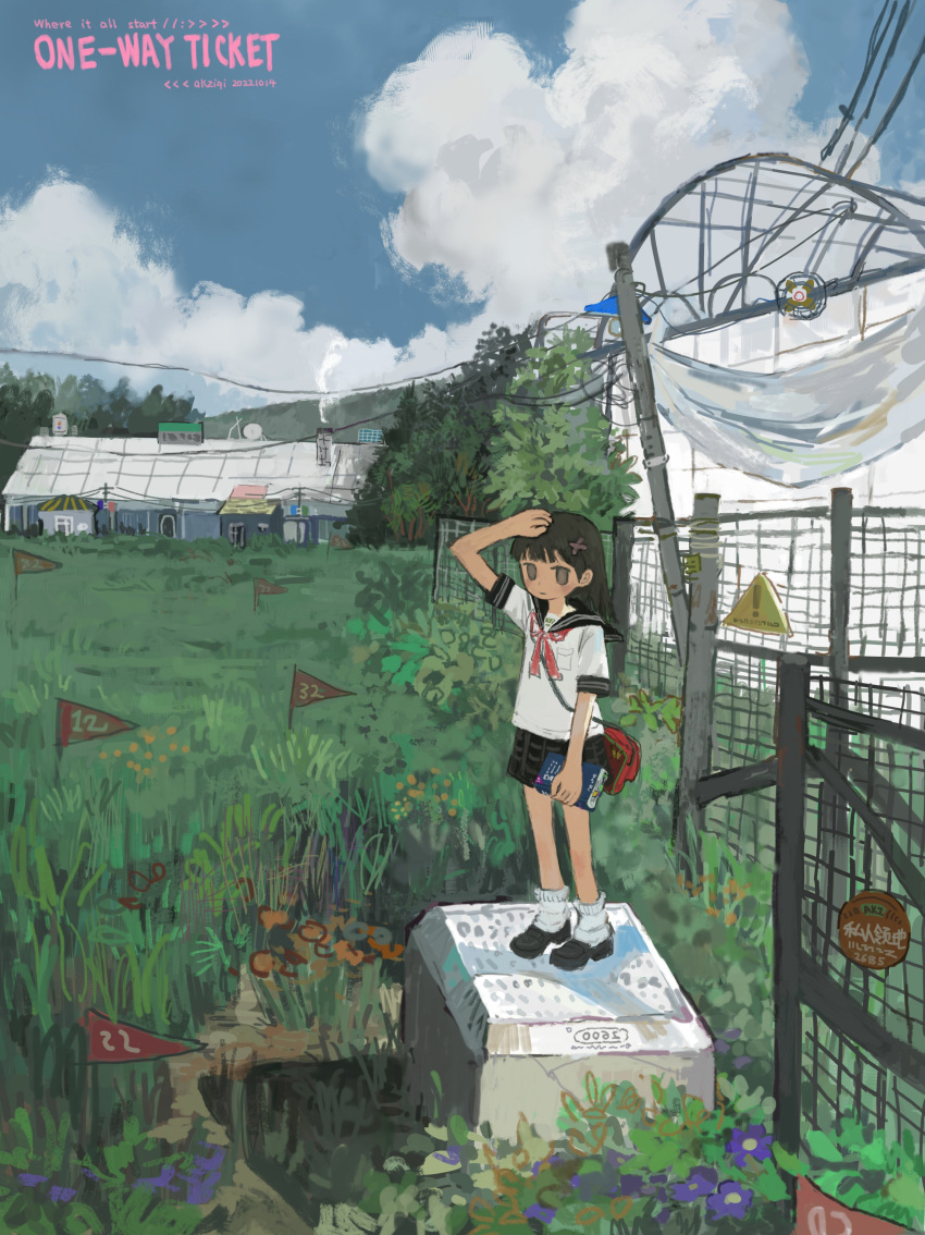 absurdres akziqi bag black_hair blue_sky book clouds field flag flower grass highres house original purple_flower red_ribbon ribbon school_bag school_uniform sign sky stone