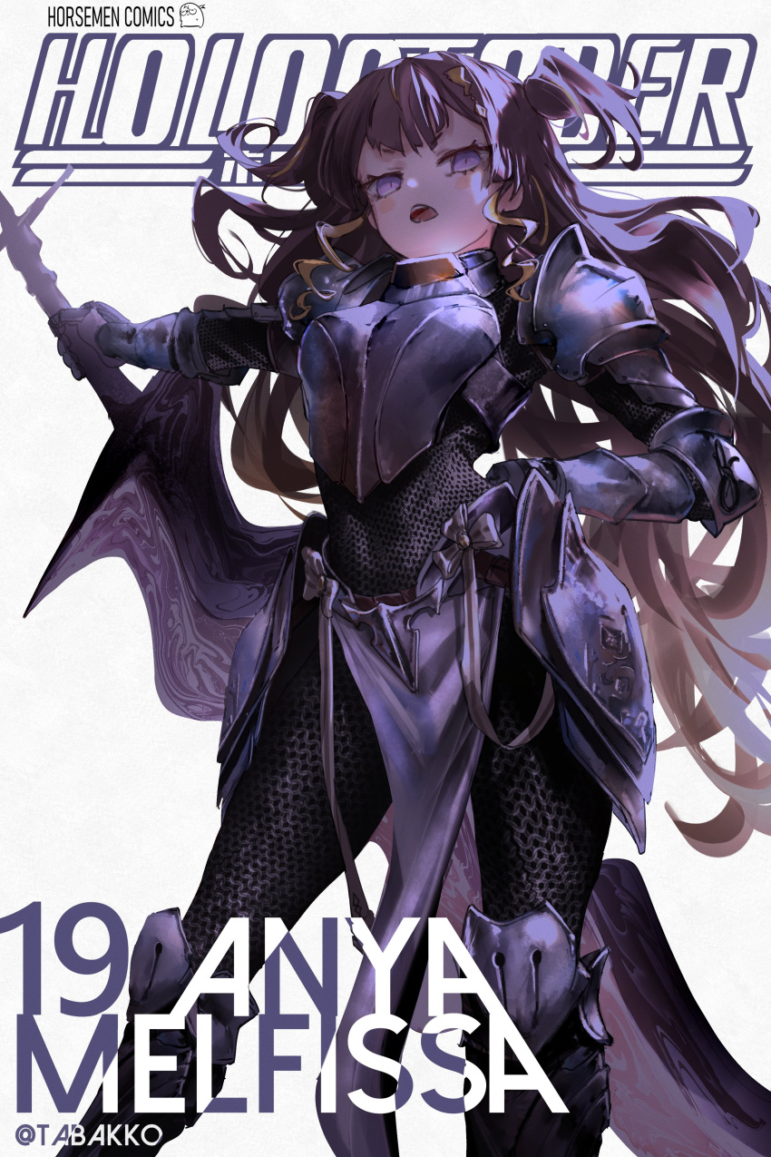1girl absurdres anya_melfissa armor bleach blonde_hair brown_hair chainmail character_name cover cover_page fake_cover highres hip_armor holding holding_sword holding_weapon hololive hololive_indonesia hyde_(tabakko) knight long_hair manga_cover multicolored_hair open_mouth parody solo sword violet_eyes virtual_youtuber weapon white_background