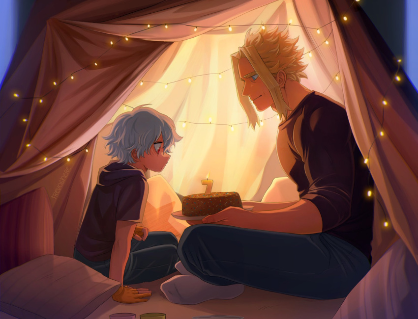 2boys all_might artist_name bangs birthday birthday_cake black_shirt blonde_hair boku_no_hero_academia cake closed_mouth denim food from_side gloves grey_hair hair_between_eyes half_gloves highres holding holding_plate hood hood_down indoors jeans light looking_at_another multiple_boys muscular muscular_male no_shoes pants pillow plate red_eyes shigaraki_tomura shirt short_hair socks tent trevo_(trevoshere) yagi_toshinori yellow_gloves