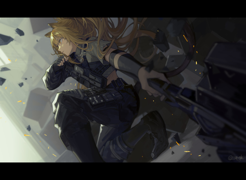 1girl animal_ears arknights black_footwear black_pants black_shirt boots brown_eyes brown_hair highres holding holding_weapon letterboxed lion_ears lion_girl lion_tail miike_(992058) one_knee pants ponytail rock rubble shirt siege_(arknights) siege_(city_destroyer)_(arknights) solo tail weapon