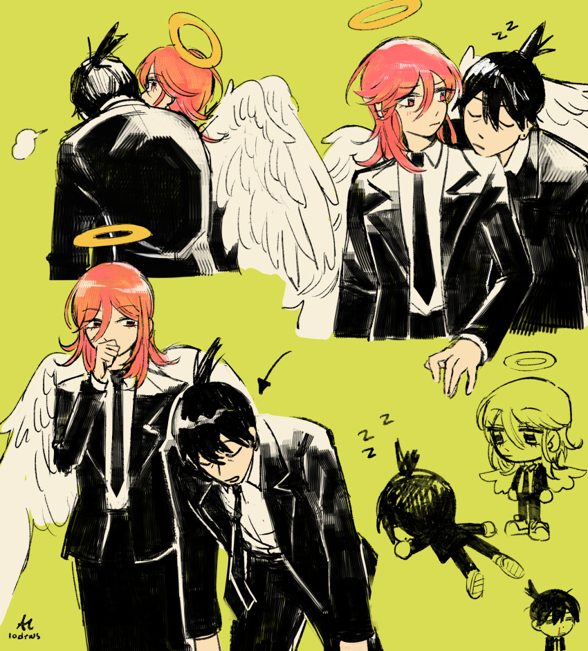 2boys absurdres angel angel_devil_(chainsaw_man) angel_wings arrow_(symbol) black_hair black_jacket black_necktie black_pants chainsaw_man chibi closed_eyes closed_mouth collared_shirt commentary covering_mouth feathered_wings formal from_behind green_background hair_between_eyes halo hand_over_own_mouth hayakawa_aki head_on_another's_shoulder highres jacket lodrws long_hair long_sleeves looking_at_another lying male_focus multiple_boys multiple_views necktie on_stomach open_mouth pants pink_eyes pink_hair shirt short_hair simple_background standing suit suit_jacket symbol-only_commentary topknot white_shirt white_wings wings zzz