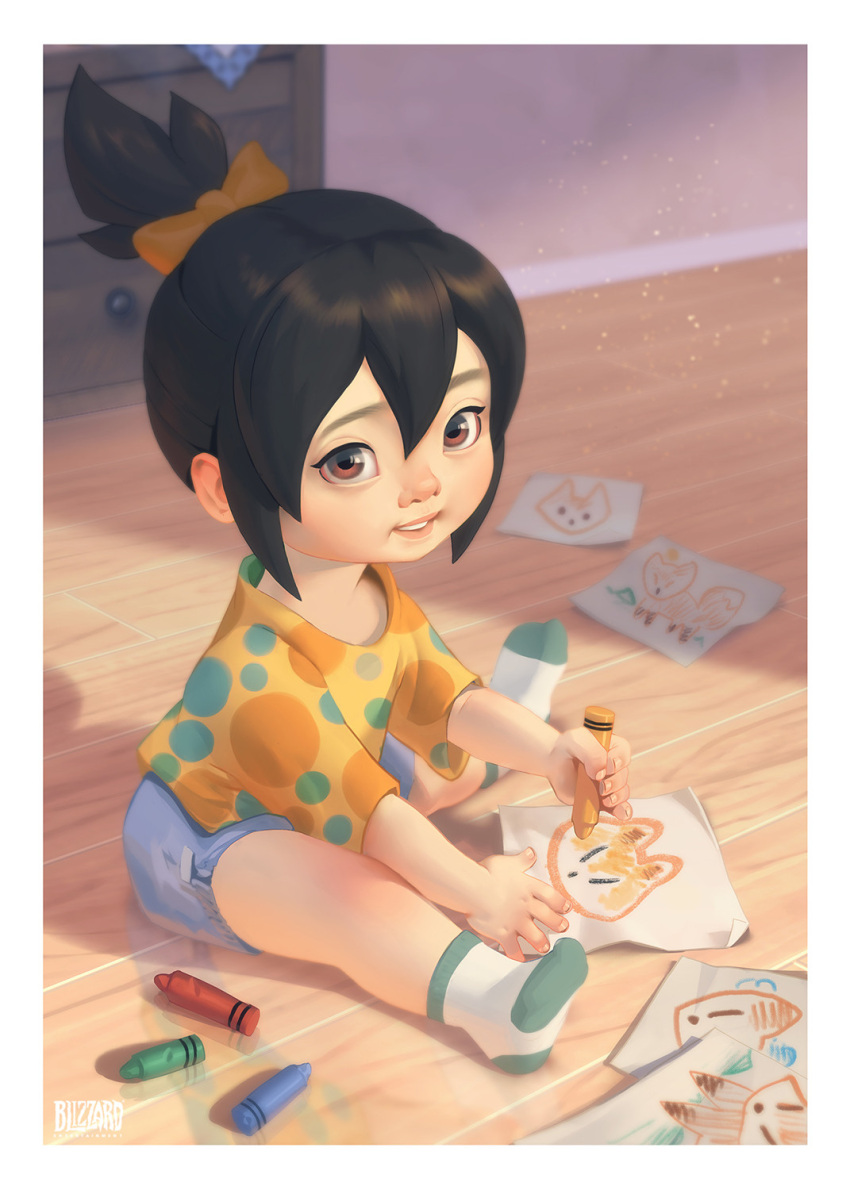 1girl black_hair blizzard_(company) blue_shorts bow brown_eyes cabinet child_drawing commentary company_name crayon drawing english_commentary fox green_socks hair_bow hair_ribbon highres holding holding_crayon indoors kiriko_(overwatch) medium_hair multicolored_clothes multicolored_legwear official_art overwatch overwatch_2 paper parted_lips ribbon shorts sitting socks solo topknot white_socks will_murai wooden_floor yellow_ribbon