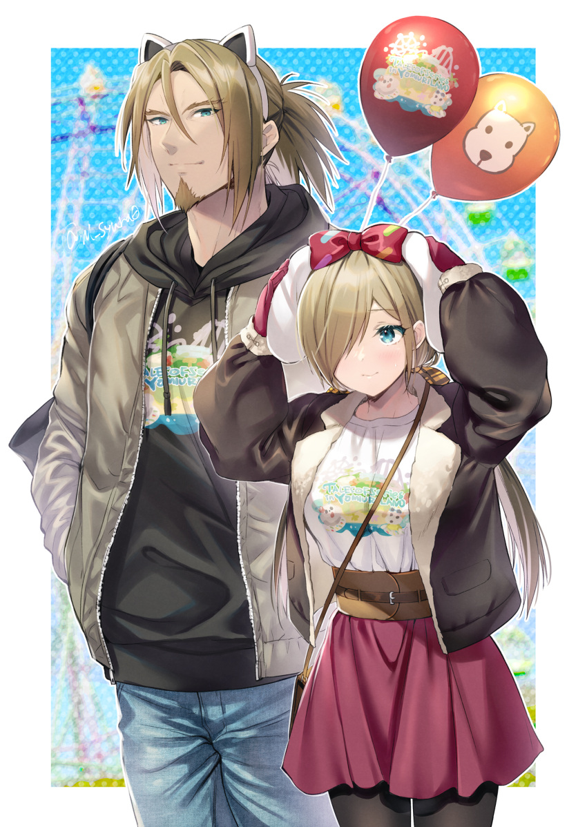 1boy 1girl balloon black_hoodie blue_eyes breasts brother_and_sister brown_hair casual facial_hair gloves hair_ornament hair_over_one_eye hands_in_pockets hands_up height_difference highres hood hoodie jacket large_breasts long_hair outdoors pantyhose ponytail roller_coaster shirt shuragyoku_mami siblings skirt tales_of_(series) tales_of_the_abyss tear_grants van_grants