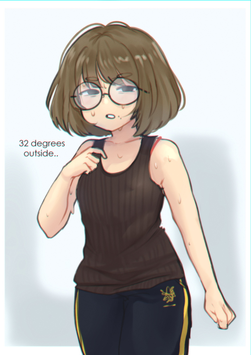 1girl absurdres artist_self-insert black_hair brown_hair collarbone commentary day glasses highres looking_at_viewer mole mole_under_mouth neqo_(neneneqo) open_mouth original outdoors pants round_eyewear shirt short_hair simple_background sleeveless sleeveless_shirt solo sweat sweating_profusely sweatpants symbol-only_commentary white_background