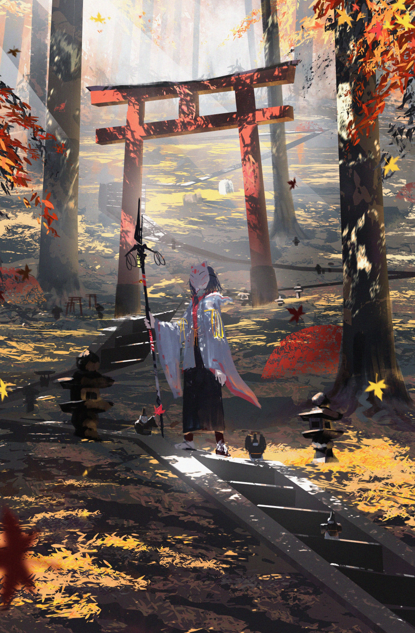 1girl absurdres asteroid_ill autumn_leaves forest fox_mask highres holding holding_weapon japanese_clothes leaf maple_leaf mask nature original outdoors scenery stairs tagme torii tree weapon