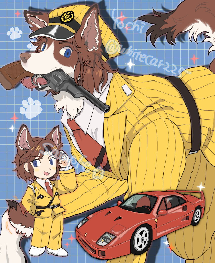 animal animal_ears animal_focus belt black_belt blue_background blue_eyes brown_fur brown_hair car chibi chibi_inset clothed_animal collared_jacket collared_shirt commission dog dog_boy dog_ears dog_tail formal grid_background ground_vehicle gun gun_in_mouth highres kagaya_(oshiriudon) long_sleeves looking_at_viewer motor_vehicle mouth_hold multiple_views necktie open_mouth original paw_print red_car red_necktie revolver shirt short_hair sidelocks sparkle sports_car standing striped_suit suit tail uniform watermark weapon white_footwear white_fur white_shirt yellow_headwear yellow_suit