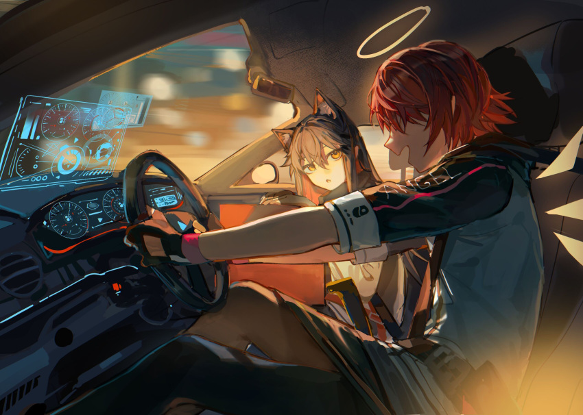 2girls :o animal_ear_fluff animal_ears arknights black_gloves black_hair black_pantyhose black_skirt car_interior colored_inner_hair dashboard detached_wings driving energy_wings extra_ears exusiai_(arknights) fingerless_gloves gloves hair_between_eyes halo highres holographic_interface jacket kuilaogouhuabudongle long_hair looking_at_viewer multicolored_hair multiple_girls open_mouth pantyhose redhead short_hair skirt steering_wheel texas_(arknights) white_jacket windshield wings wolf_ears wolf_girl