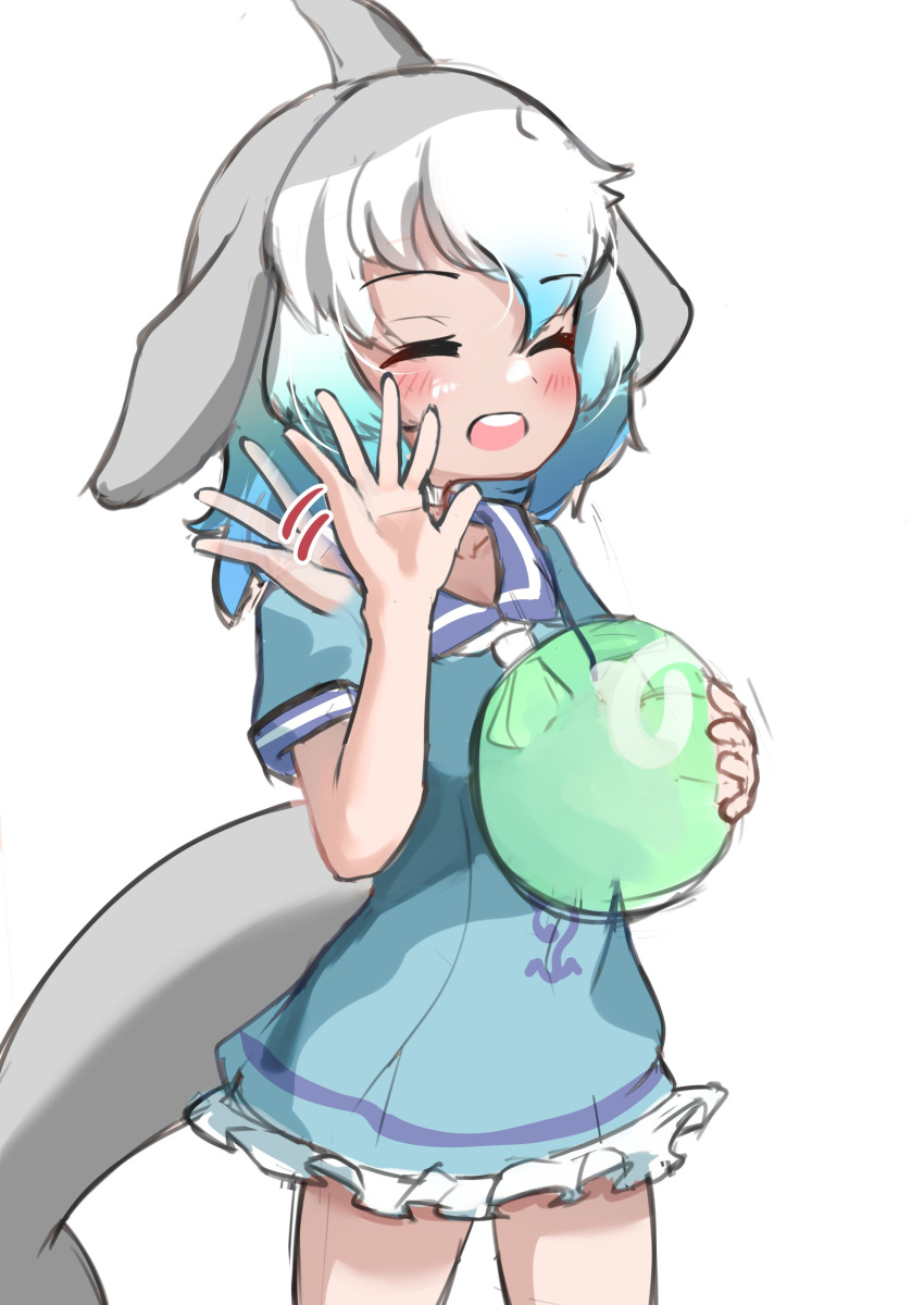 absurdres ball blowhole blue_dress blue_hair blush cetacean_tail closed_eyes collarbone common_bottlenose_dolphin_(kemono_friends) cowboy_shot darus5 dolphin_girl dorsal_fin dress frilled_dress frills grey_hair highres japari_symbol kemono_friends looking_at_viewer multicolored_hair necktie sailor_collar sailor_dress short_hair short_sleeves translation_request waving white_hair white_necktie