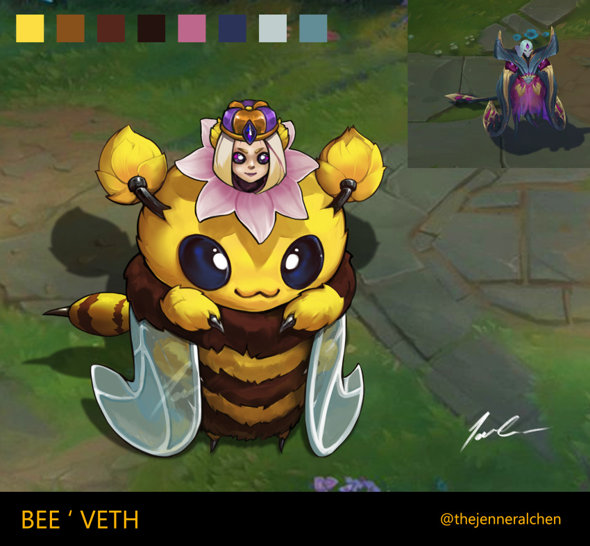 1girl :3 absurdres bangs bee_costume bel'veth blonde_hair character_name crown english_commentary highres league_of_legends looking_at_viewer multiple_views short_hair signature smile standing thejenneralchen violet_eyes wings