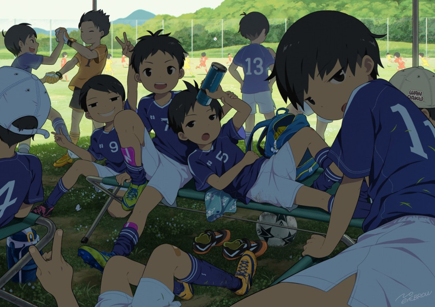 6+boys ball black_hair blue_shirt child day looking_at_viewer male_child male_focus multiple_boys noeyebrow_(mauve) open_mouth original outdoors shirt shorts soccer soccer_ball soccer_field soccer_uniform sportswear v white_shorts