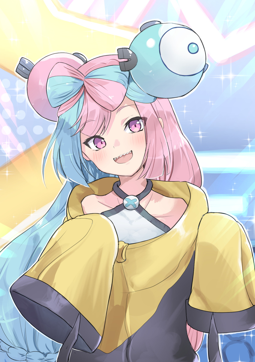 1girl absurdres aisu_(icicleshot) bangs bare_shoulders black_jacket blue_hair bow-shaped_hair character_hair_ornament collarbone glint grey_shirt hair_ornament highres iono_(pokemon) jacket light_blue_hair light_blush long_sleeves looking_at_viewer magnemite multicolored_clothes multicolored_hair multicolored_jacket open_mouth oversized_clothes pink_eyes pink_hair pokemon pokemon_(game) pokemon_gym pokemon_sv raised_eyebrows sharp_teeth shirt sleeveless sleeveless_shirt sleeves_past_fingers sleeves_past_wrists solo split-color_hair teeth twintails two-tone_hair two-tone_jacket very_long_sleeves x yellow_jacket