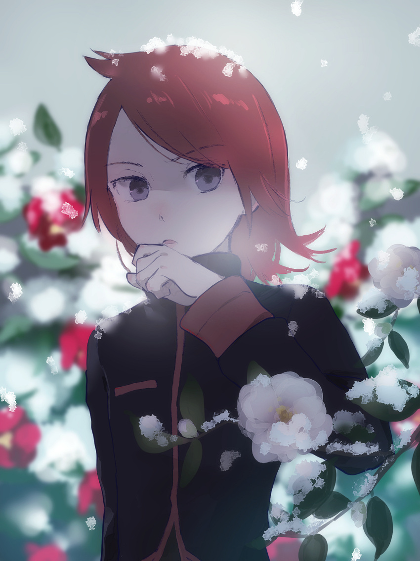 1boy bangs black_jacket commentary_request cowlick flower grey_eyes hand_up highres jacket long_hair long_sleeves male_focus open_mouth pokemon pokemon_(game) pokemon_gsc red_flower redhead silver_(pokemon) snow snowing solo todo_(wthmw) upper_body white_flower