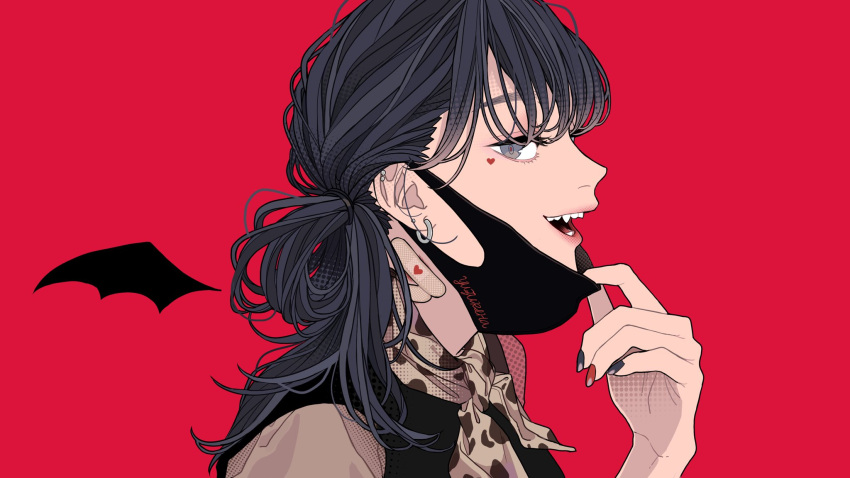 1girl animal_print bandaid bandaid_on_neck black_mask blue_eyes cow_print detached_wings ear_piercing facing_to_the_side fangs heart highres indie_virtual_youtuber kko_(um7mr) long_hair mask mouth_mask multicolored_nails nail_polish neckerchief open_mouth piercing profile red_background shirt sideways_glance simple_background sleeveless sleeveless_shirt smile solo teeth upper_body vampire vampire_(vocaloid) wings