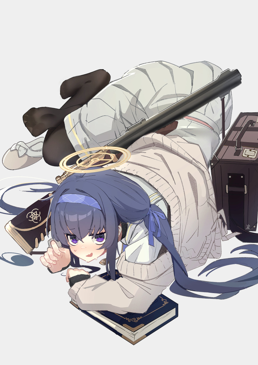 1girl absurdres bags_under_eyes bangs black_pantyhose blue_archive blue_hair blue_hairband blue_ribbon bolt_action book cardigan collared_shirt de_lisle_carbine fang grey_background gun hair_between_eyes hair_ribbon hairband halo highres jitome kilabo long_hair long_skirt looking_at_viewer low_twintails luggage lying on_stomach open_mouth pantyhose pleated_skirt ribbon rifle shirt simple_background skin_fang skirt slippers slippers_removed smile solo suppressor sweat twintails ui_(blue_archive) very_long_hair violet_eyes weapon white_shirt white_skirt