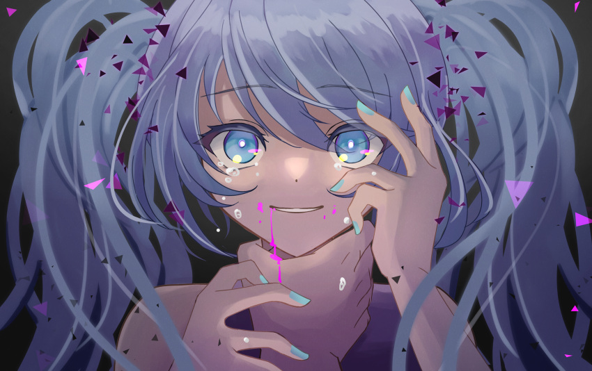 1girl absurdres aqua_eyes aqua_hair aqua_nails asphyxiation blood blood_from_mouth crying crying_with_eyes_open ghost_rule_(vocaloid) hatsune_miku highres looking_at_viewer messy_hair parted_lips pink_blood pov smile solo_focus strangling streaming_tears tearing_up tears tsumurimai twintails