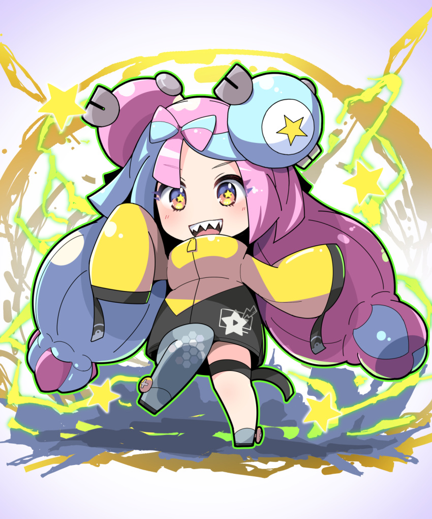 1girl asymmetrical_legwear bangs black_jacket blue_hair bow-shaped_hair character_hair_ornament chibi electricity fukkatsu_saisei_kaijin gradient gradient_background hair_ornament hexagon_print highres iono_(pokemon) jacket knee_up light_blue_hair long_hair long_sleeves looking_at_viewer low-tied_long_hair magnemite mismatched_legwear multicolored_clothes multicolored_hair multicolored_jacket open_mouth oversized_clothes pink_hair pokemon pokemon_(game) pokemon_sv sharp_teeth sleeves_past_fingers sleeves_past_wrists solo split-color_hair standing star-shaped_pupils star_(symbol) star_in_eye symbol-shaped_pupils symbol_in_eye teeth thigh_strap twintails two-tone_hair two-tone_jacket very_long_sleeves yellow_jacket