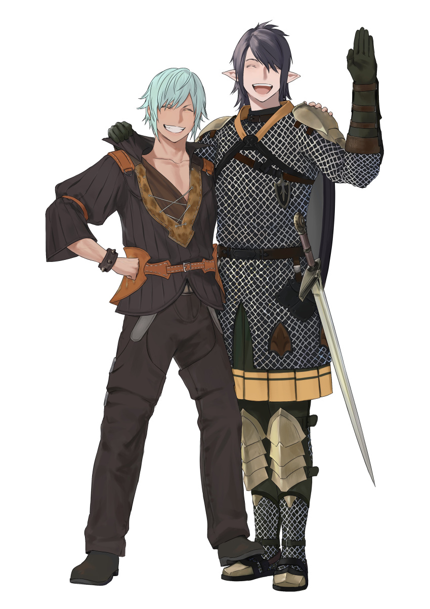 2boys ^_^ ^o^ absurdres arm_up armor bangs belt black_hair blue_hair bracelet brown_footwear brown_jacket brown_pants chainmail closed_eyes clothes_grab collarbone commentary elbow_gloves elezen elf emmanellain_de_fortemps facing_viewer final_fantasy final_fantasy_xiv full_body gloves greaves green_gloves grin hair_over_one_eye hand_on_another's_shoulder hand_on_hip hand_up highres hyur jacket jewelry legs_apart male_focus multiple_boys nozouko open_mouth pants pauldrons pointy_ears salute shield short_hair shoulder_armor sicard_(ff14) side-by-side simple_background smile spiked_bracelet spikes standing swept_bangs sword weapon white_background