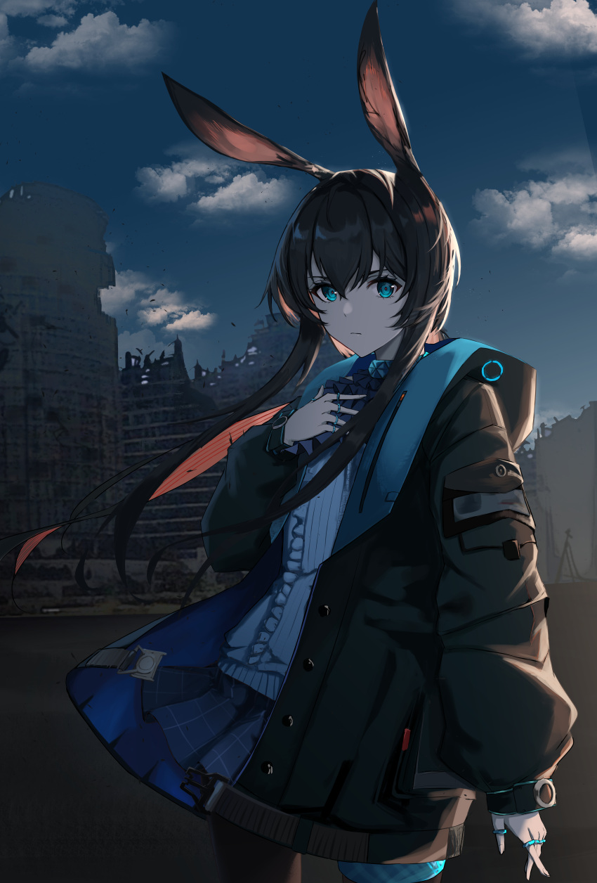 1girl absurdres amiya_(arknights) animal_ears arknights black_pantyhose blue_collar blue_eyes blue_skirt blue_sky building clouds cloudy_sky collar cowboy_shot dark dusk hand_up highres hood hood_down hooded_jacket jacket jewelry long_hair long_sleeves looking_at_viewer multiple_rings neck_ring okamoto_aoi open_clothes open_jacket outdoors pantyhose plaid plaid_skirt pleated_skirt rabbit_ears rabbit_girl ring ruins scenery shirt sidelocks skirt sky skyscraper solo thighlet thumb_ring very_long_hair white_shirt wind