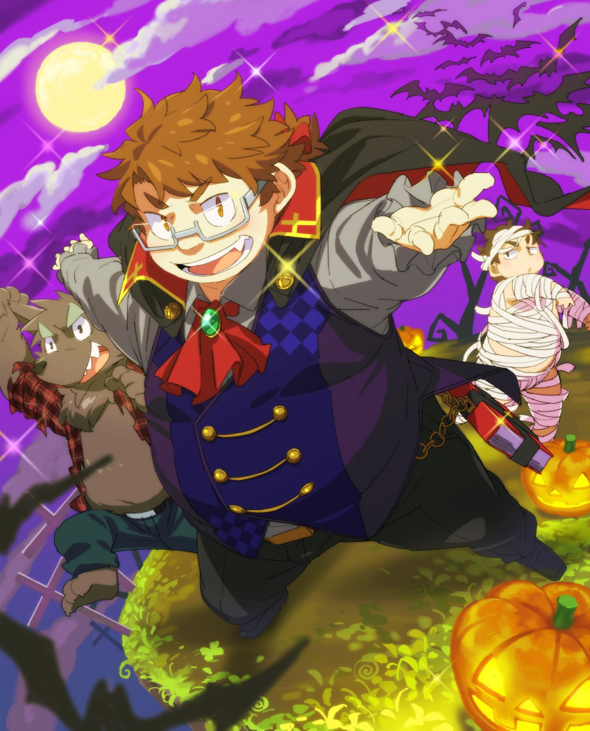 3boys bat_(animal) book brown_eyes brown_hair cape chain collared_shirt commentary_request fang fang_out full_body full_moon furry furry_male glasses grey-framed_eyewear grey_shirt halloween highres jabot jack-o'-lantern licht_(housamo) looking_at_viewer male_focus master_5_(housamo) moon multiple_boys mummy_costume open_mouth outstretched_arm outstretched_hand perspective plump purasu_no_konbu purple_sky sharp_teeth shirt short_hair smile teeth thick_eyebrows tokyo_afterschool_summoners vampire_costume werewolf_costume