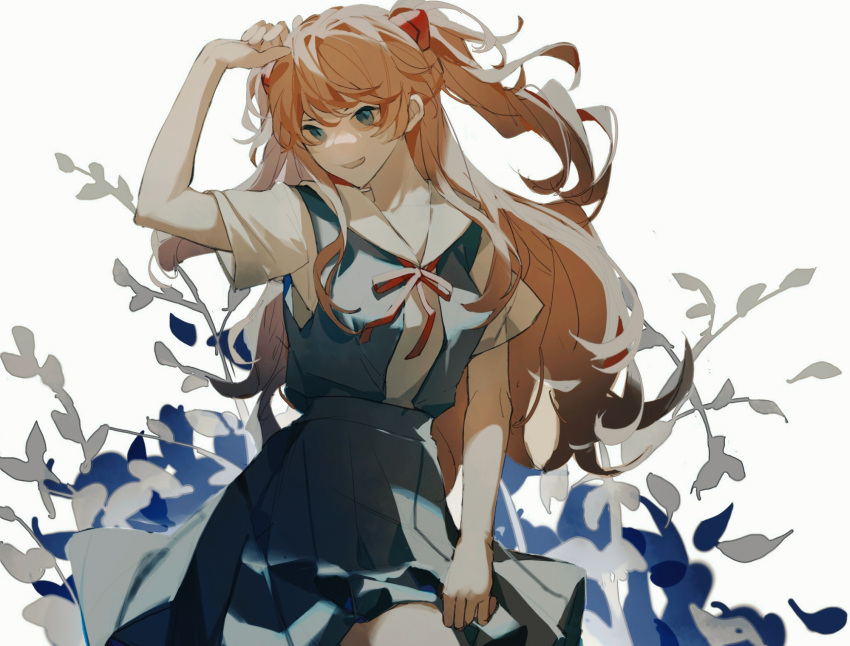 1girl bangs blue_dress blue_eyes cowboy_shot dress hairpods hand_on_own_head hand_up highres jichezhijiayou leaf long_hair looking_at_viewer neck_ribbon neon_genesis_evangelion open_mouth orange_hair pinafore_dress plant ribbon sailor_collar shirt short_sleeves simple_background smile solo souryuu_asuka_langley standing two_side_up white_background white_shirt