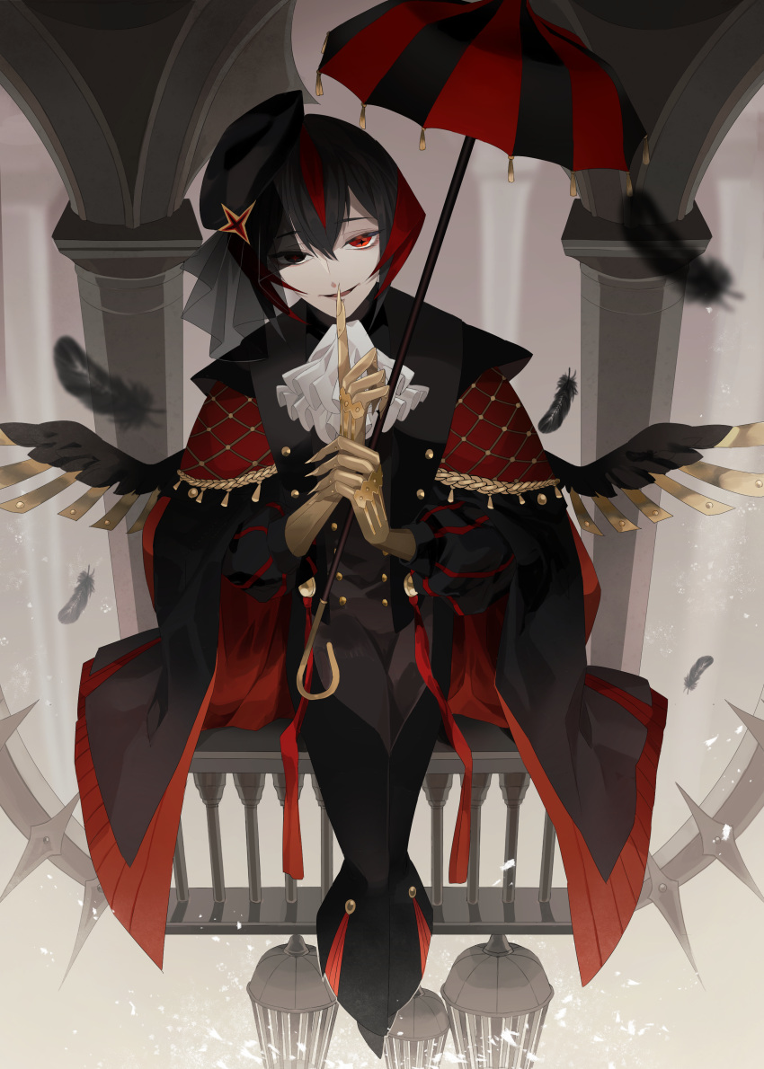 1boy absurdres ascot black_headwear feathers gauntlets hat_ornament highres ikie_(pixiv_fantasia_age_of_starlight) index_finger_raised looking_at_viewer male_focus multicolored_hair pale_skin pixiv_fantasia pixiv_fantasia_age_of_starlight red_eyes short_hair shunshu_pietari sitting solo star-shaped_pupils star_(symbol) symbol-shaped_pupils tilted_headwear two-tone_hair umbrella white_ascot