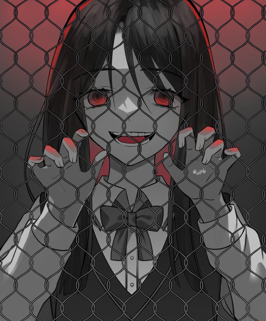 1girl absurdres black_hair crazy_smile greyscale highres long_hair long_sleeves looking_at_viewer monochrome original red_eyes sream_fly(b_myeong) teeth wire_fence yandere