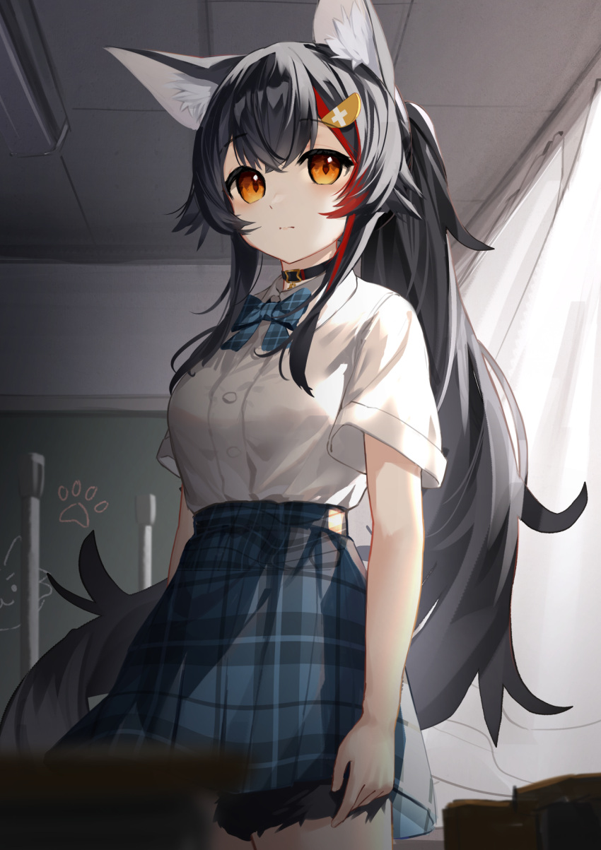 1girl animal_ears bangs black_choker black_hair blue_bow blue_skirt blurry blurry_foreground blush bow breasts choker closed_mouth collared_shirt curtains depth_of_field dress_shirt hair_between_eyes highres hololive indoors long_hair looking_at_viewer medium_breasts multicolored_hair ookami_mio orange_eyes plaid plaid_bow plaid_skirt ponytail redhead shirt short_sleeves skirt solo streaked_hair tail very_long_hair virtual_youtuber wazd0183 white_shirt wolf_ears wolf_girl wolf_tail
