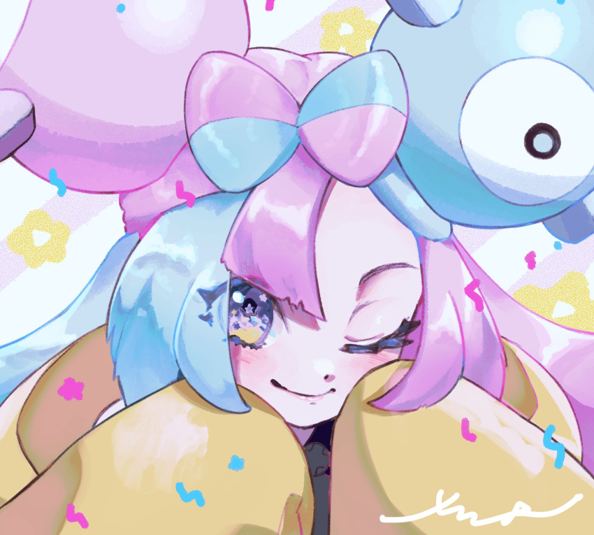 1girl bangs blue_hair bow-shaped_hair character_hair_ornament closed_mouth hair_ornament highres iono_(pokemon) jacket light_blue_hair long_sleeves looking_at_viewer magnemite multicolored_hair one_eye_closed oversized_clothes pink_hair pokemon pokemon_(game) pokemon_sv portrait signature sleeves_past_fingers sleeves_past_wrists smile solo split-color_hair surumeika_(ninfiiiir) twintails two-tone_hair very_long_sleeves violet_eyes yellow_jacket
