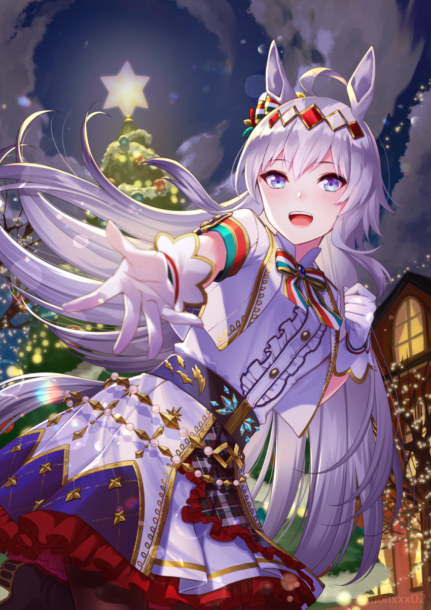 1girl ahoge akatsuki_(kuon) animal_ears bangs blush bow bowtie breasts brown_pantyhose buttons center_frills christmas christmas_tree clouds cropped_jacket frills gloves grey_hair hair_ornament highres horse_ears horse_girl horse_tail house long_hair looking_at_viewer oguri_cap_(miraculous_white_star)_(umamusume) oguri_cap_(umamusume) open_mouth outdoors outstretched_arm pantyhose petticoat reaching_out shirt short_sleeves skirt small_breasts smile solo tail tree umamusume white_gloves white_shirt window