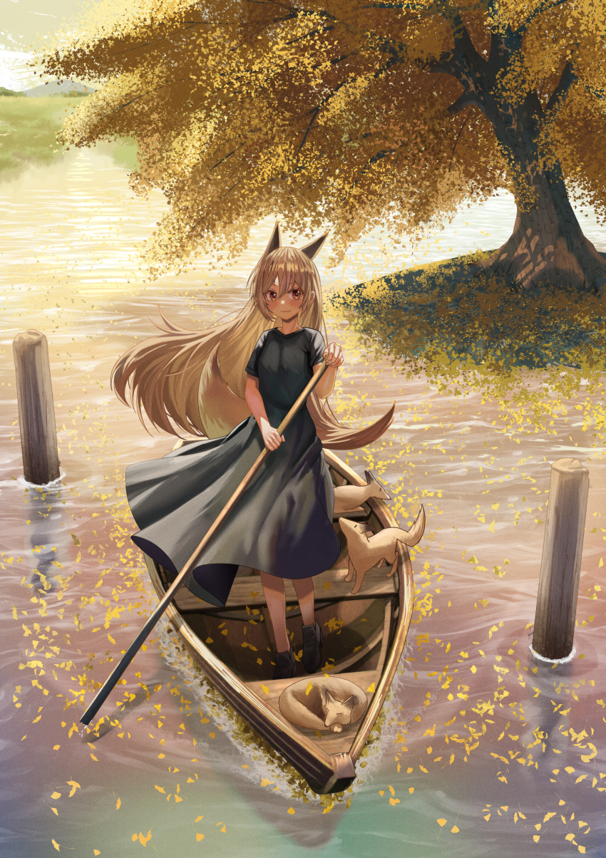 1girl absurdres animal animal_ears bangs black_dress black_footwear blush breasts brown_hair closed_mouth commentary day dress english_commentary fang fang_out fox fox_ears fox_girl fox_tail ginkgo ginkgo_leaf hair_between_eyes highres holding leaf long_hair looking_at_viewer original outdoors red_eyes rowboat shoes short_sleeves silvertsuki small_breasts smile solo standing tail tree very_long_hair water